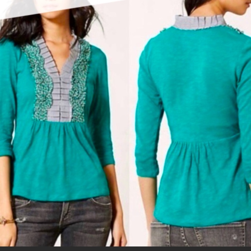 Anthropologie Deletta green blue ruffle top